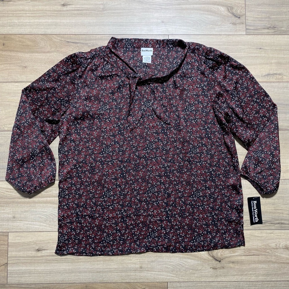 Bon Worth‎ Womens Long Sleeve Neck Tie Printed Blouse Size XL Abstract Print